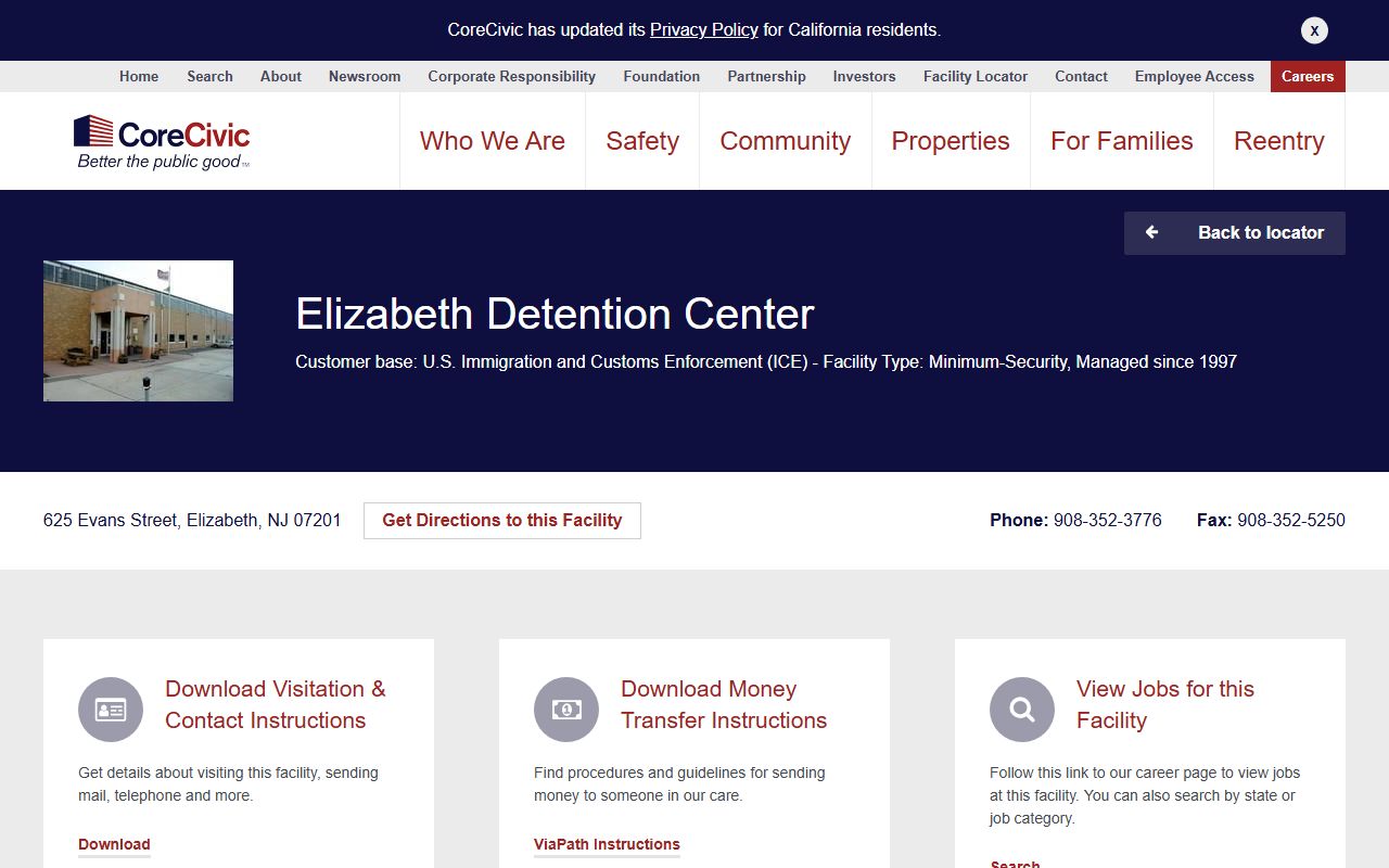 Elizabeth Contract Detention Facility ICE detainee lookup and CoreCivic facility page