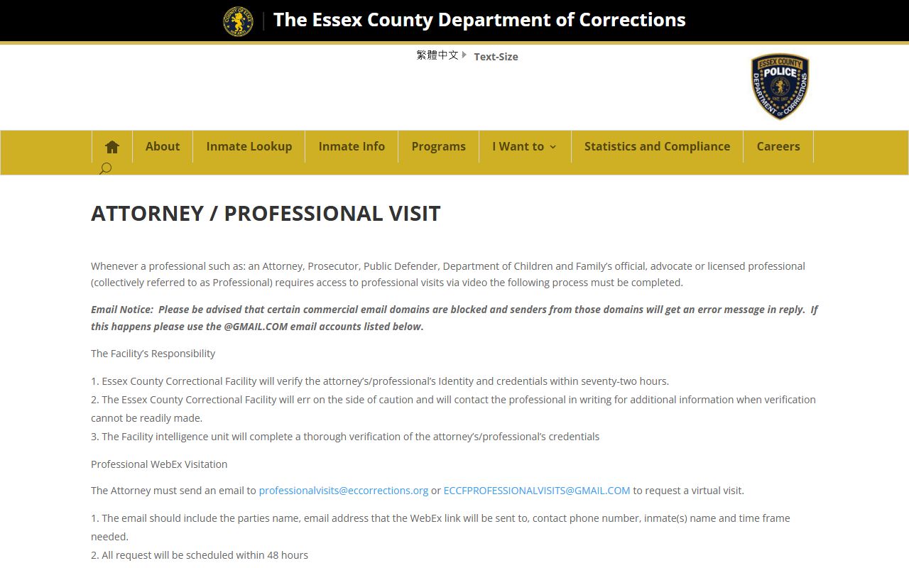 Essex County Correctional Facility professional inmate visit request procedure