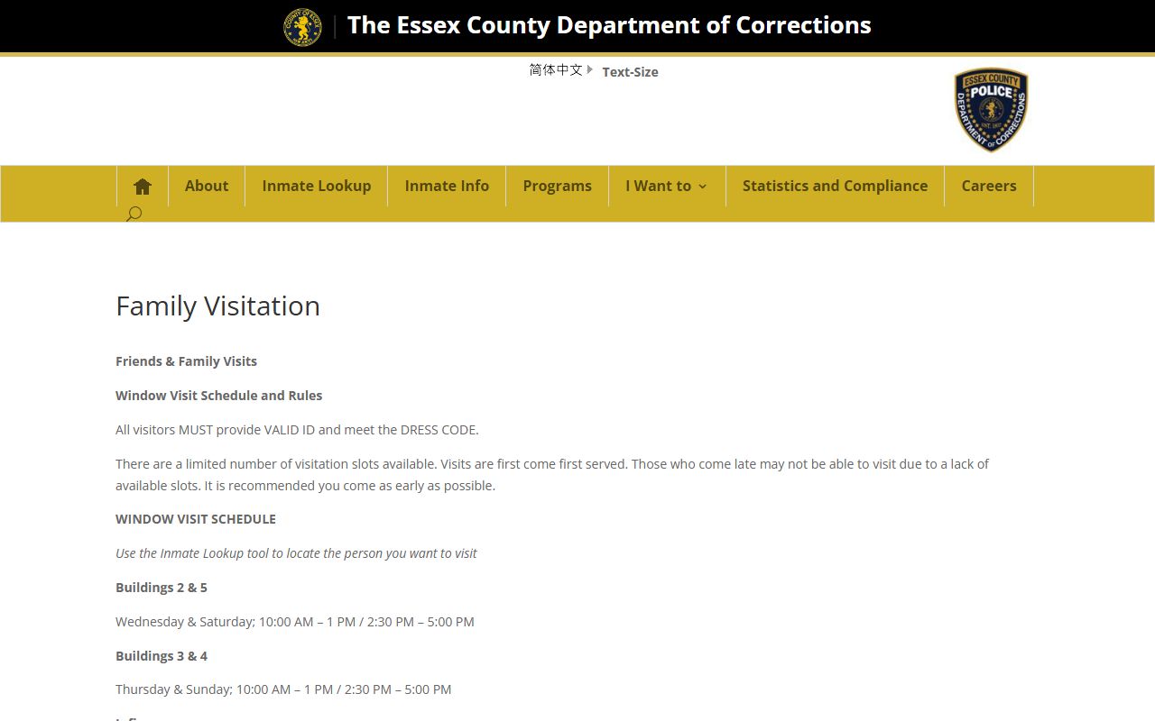 Essex County Correctional Facility inmate visitation schedule and ID rules