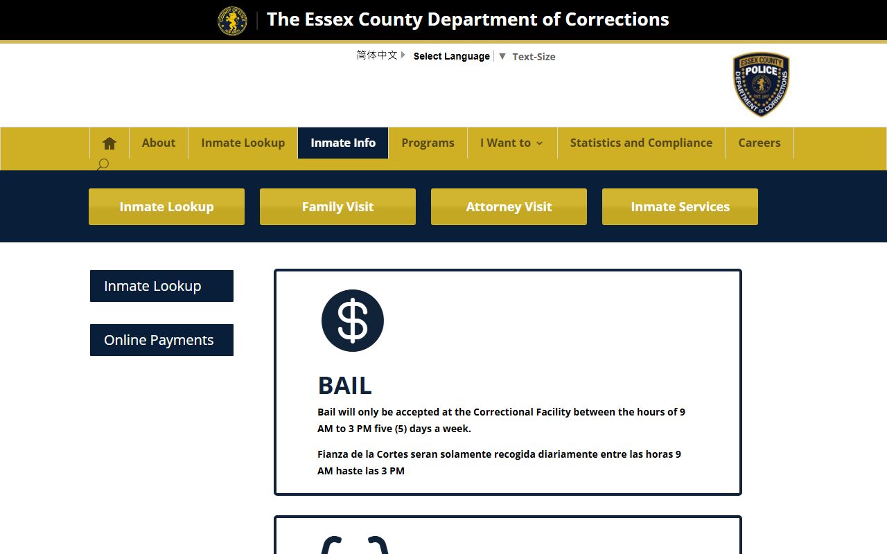 Essex County Correctional Facility inmate bail funds and mail information