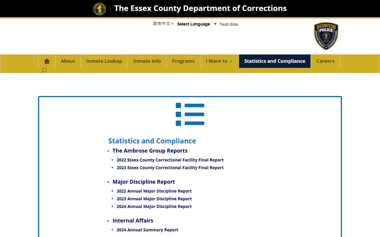 Essex County Correctional Facility inmate population statistics and compliance reports