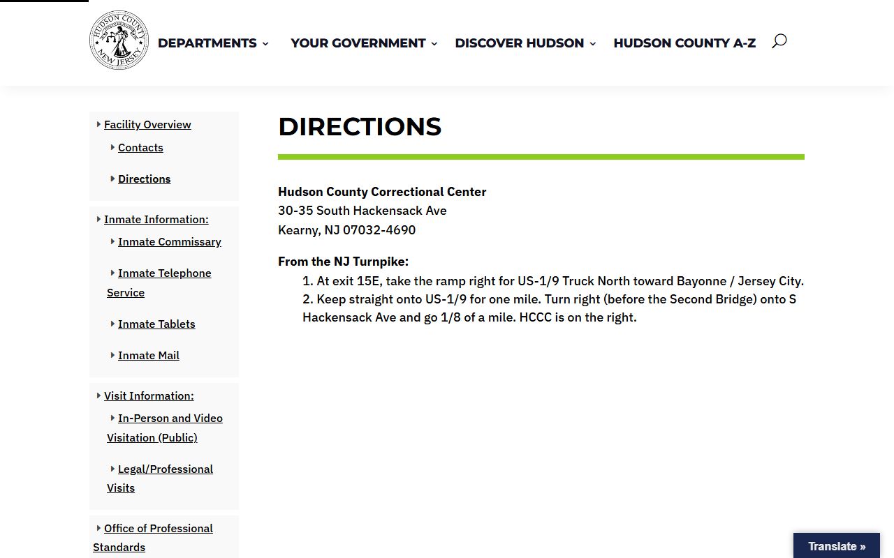 Hudson County Adult Correctional Center inmate location and directions page