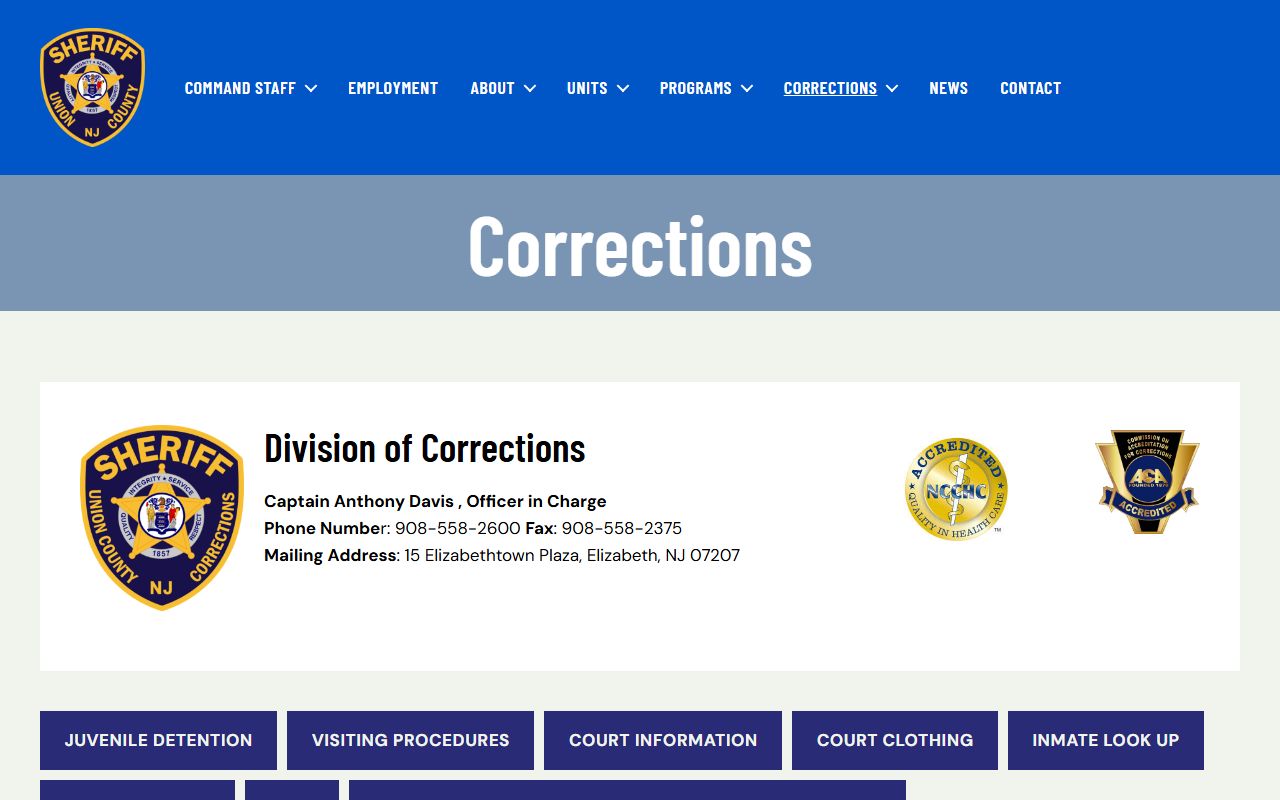Union County Jail Division of Corrections inmate population contact page