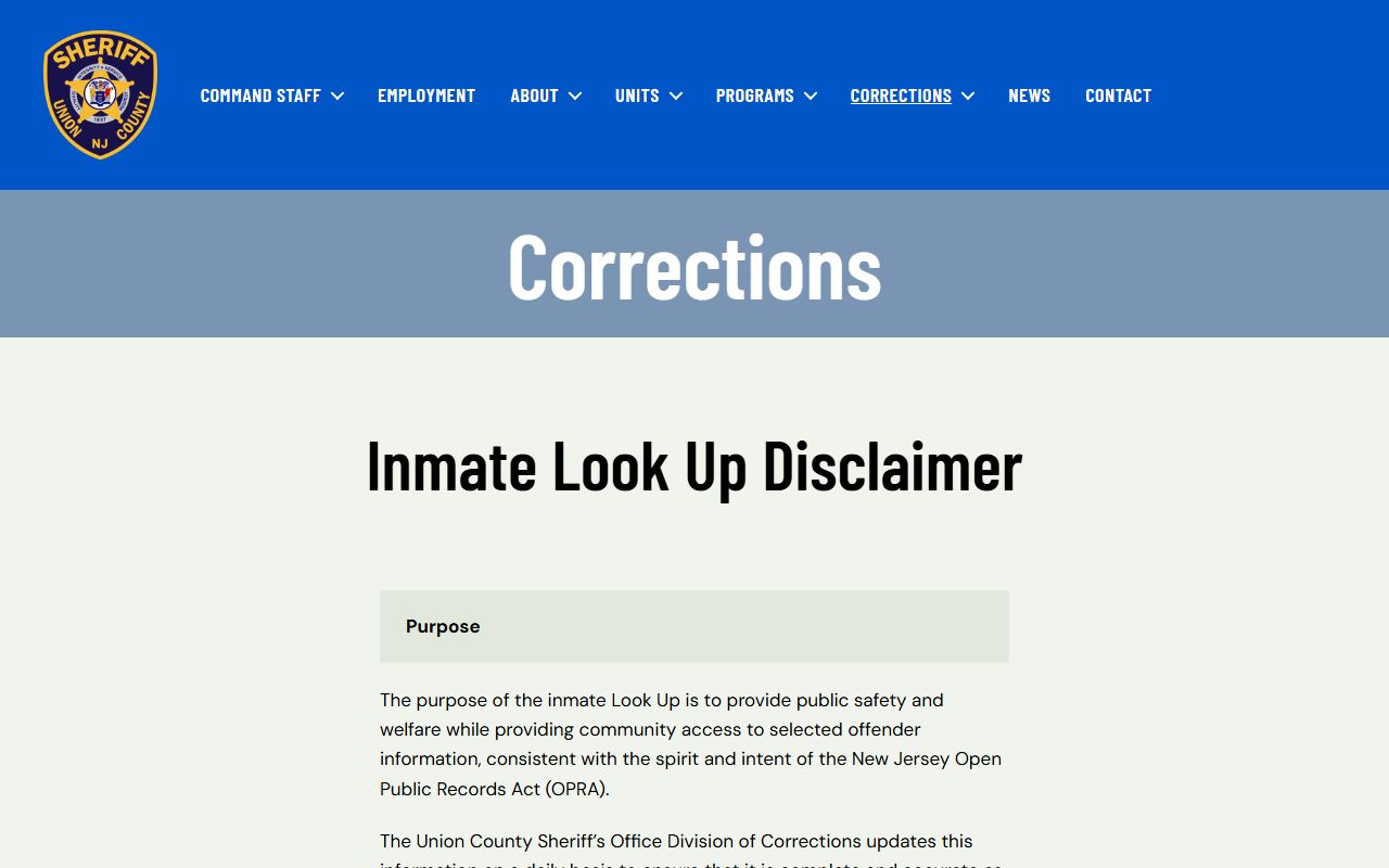 Union County inmate population lookup disclaimer page
