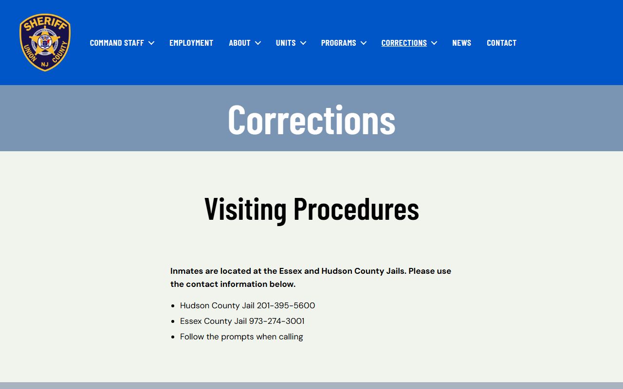 Union County Jail visiting procedures for Essex and Hudson inmate housing